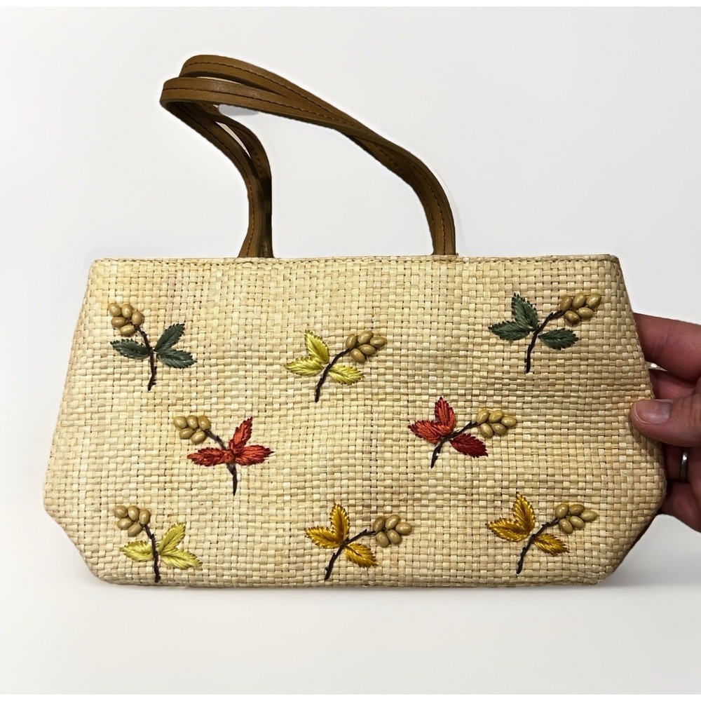 Fossil Natural Straw Embroidered Wildflower Purse Handbag, Summer/Fall Theme
